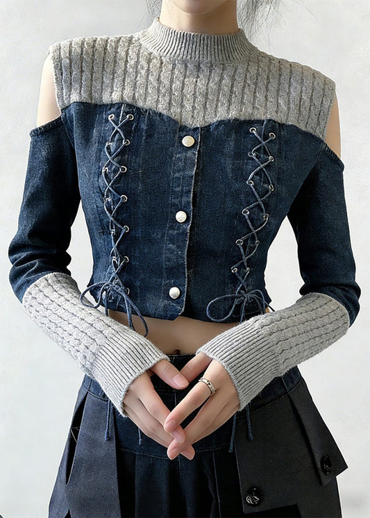 Art Grey Lace Up Blue Patchwork False Two Pieces Tops Spring