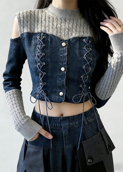 Art Grey Lace Up Blue Patchwork False Two Pieces Tops Spring