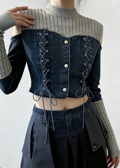Art Grey Lace Up Blue Patchwork False Two Pieces Tops Spring