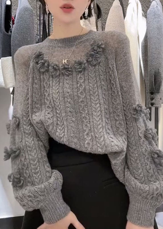 Suéter de punto trenzado con estampado floral y cuello redondo en gris Art para invierno