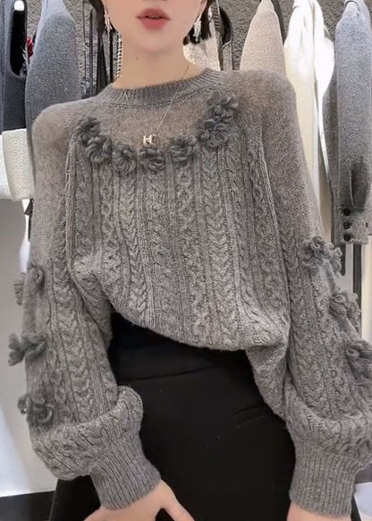 Suéter de punto trenzado con estampado floral y cuello redondo en gris Art para invierno