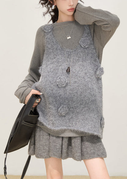 Art Grey Oversized Strickwesten mit Blumenmuster für den Winter
