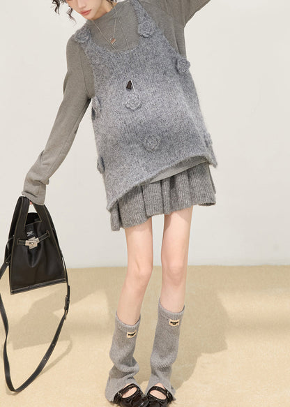 Art Grey Oversized Strickwesten mit Blumenmuster für den Winter