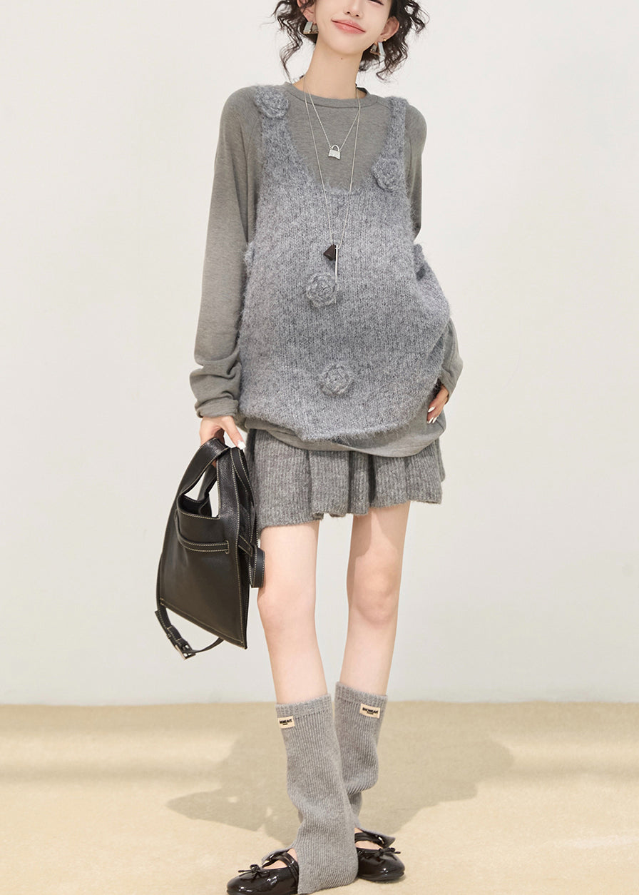 Art Grey Oversized Strickwesten mit Blumenmuster für den Winter