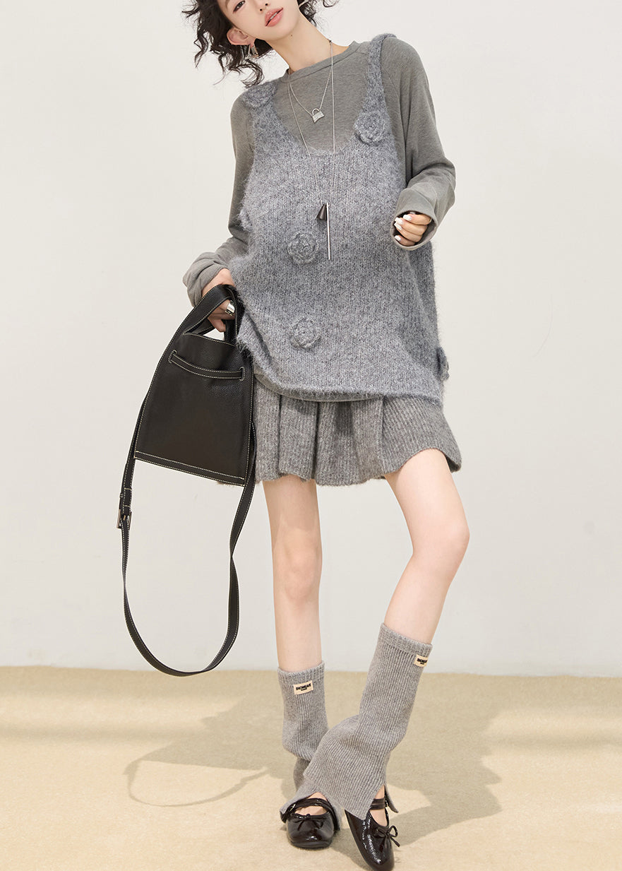 Art Grey Oversized Strickwesten mit Blumenmuster für den Winter