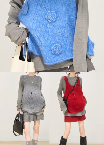 Art Grey Oversized Strickwesten mit Blumenmuster für den Winter