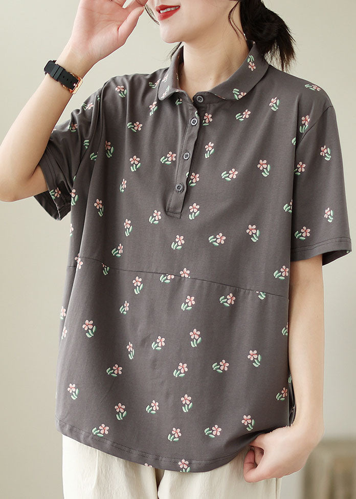 Camisetas de algodón con cuello Peter Pan y estampado de patchwork en gris artístico para verano