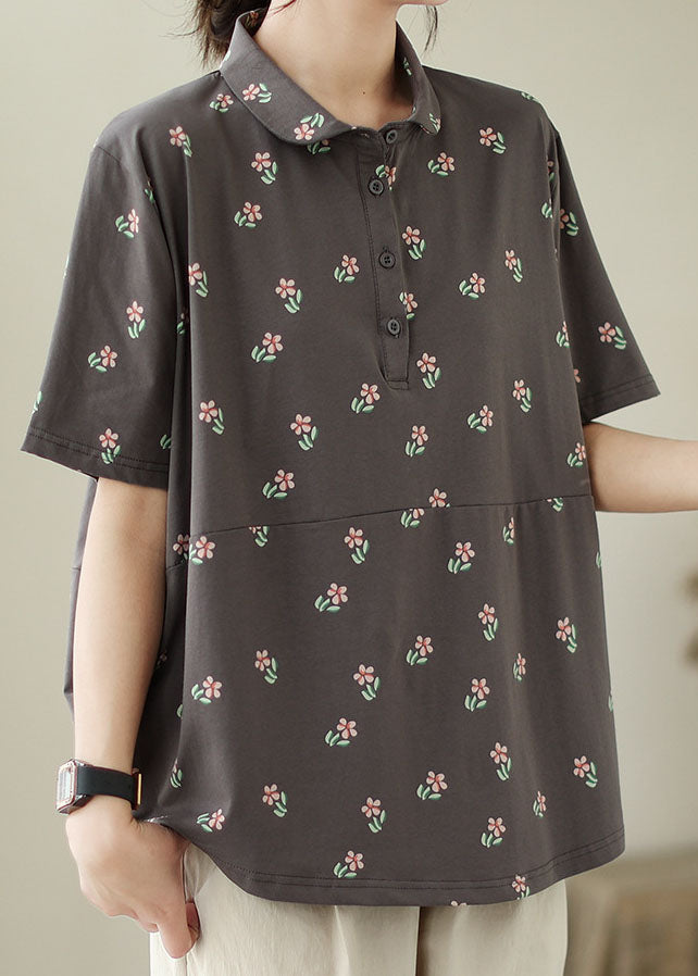 Camisetas de algodón con cuello Peter Pan y estampado de patchwork en gris artístico para verano