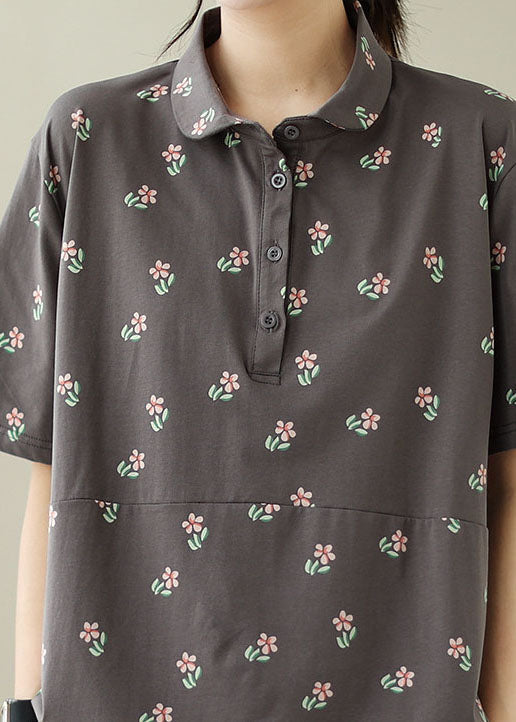 Camisetas de algodón con cuello Peter Pan y estampado de patchwork en gris artístico para verano