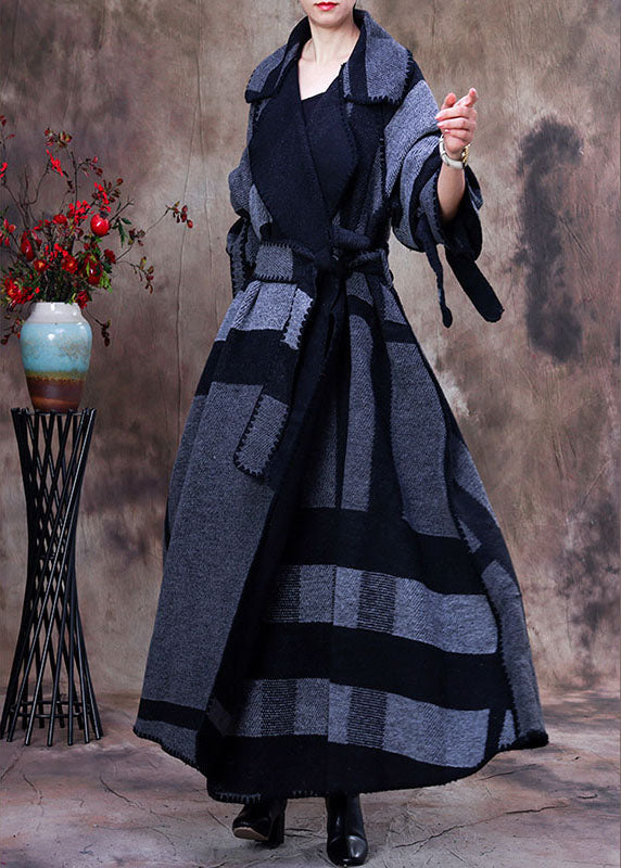 Art Grey Peter Pan Kragen Print Plaid Winter Woll Langarm Trenchcoat