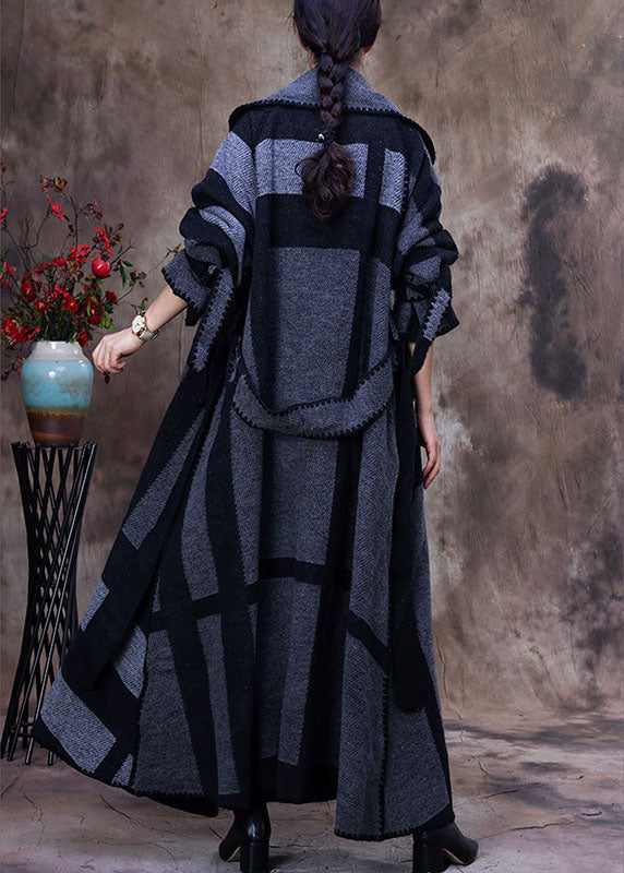 Art Grey Peter Pan Kragen Print Plaid Winter Woll Langarm Trenchcoat