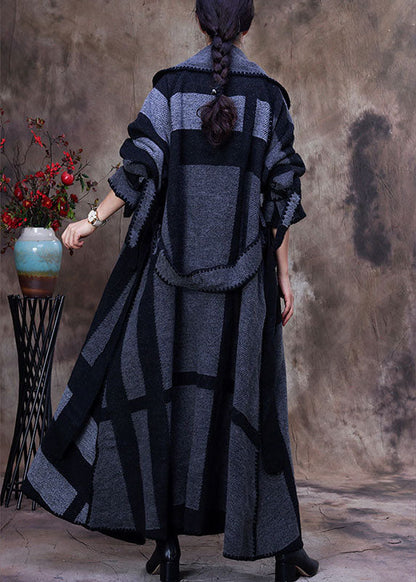 Art Grey Peter Pan Kragen Print Plaid Winter Woll Langarm Trenchcoat