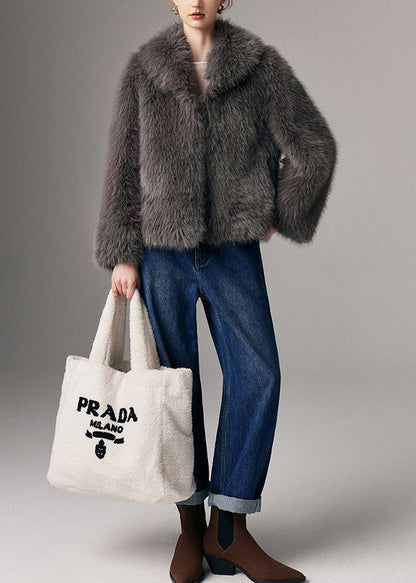 Graue, warme Wintermäntel mit Peter-Pan-Kragen aus Kunstfuchsfell