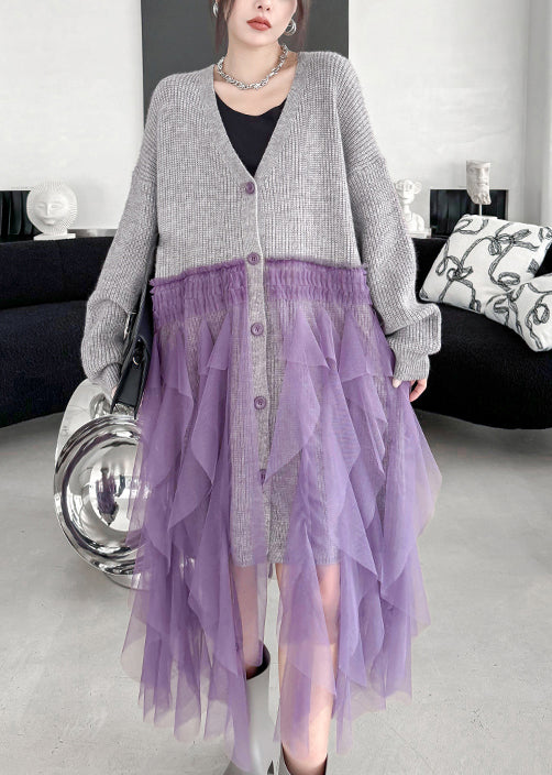 Art Grey Ruffled Tulle Patchwork Knit Cardigan Dress Fall