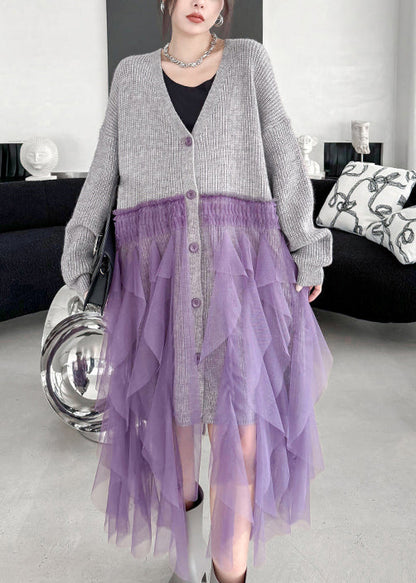 Art Grey Ruffled Tulle Patchwork Knit Cardigan Dress Fall