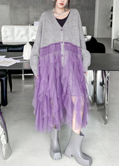 Art Grey Ruffled Tulle Patchwork Knit Cardigan Dress Fall
