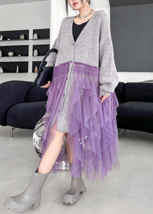 Art Grey Ruffled Tulle Patchwork Knit Cardigan Dress Fall
