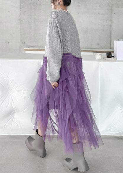 Art Grey Ruffled Tulle Patchwork Knit Cardigan Dress Fall