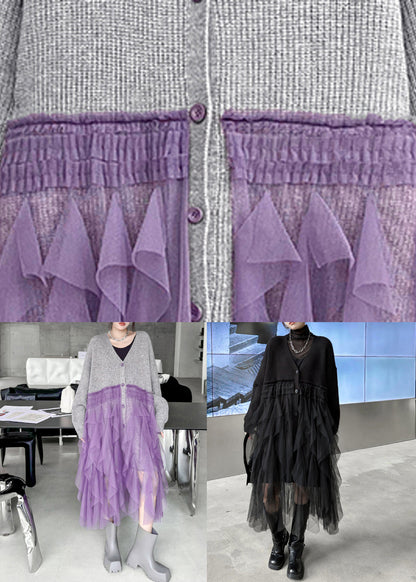 Art Grey Ruffled Tulle Patchwork Knit Cardigan Dress Fall