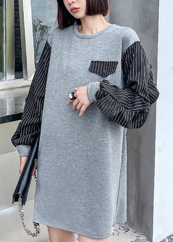 Art Grey Ruffles Patchwork Button Fall Dress Long Sleeve - SooLinen