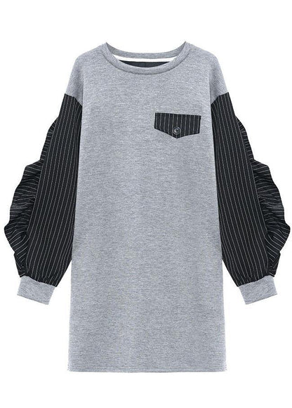 Art Grey Ruffles Patchwork Button Fall Dress Long Sleeve - SooLinen