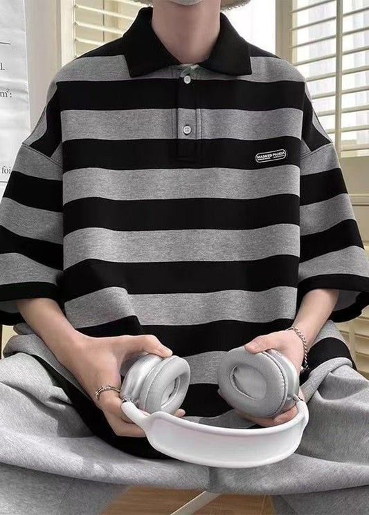 Art Grey Striped Button Cotton Mens Polo Shirts Half Sleeve