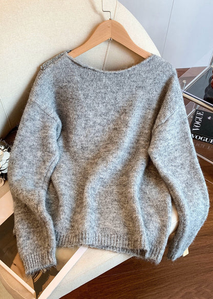 Art Grey V Neck Lace Patchwork Knit Coats Winter