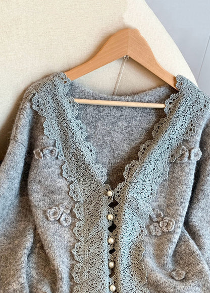 Art Grey V Neck Lace Patchwork Knit Coats Winter