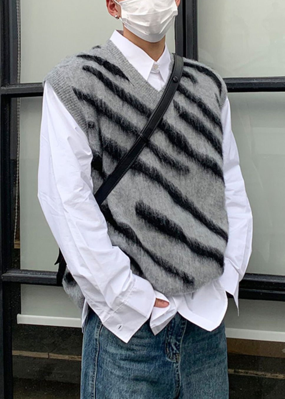Art Grey V Neck Striped Knit Mens Vest Sleeveless