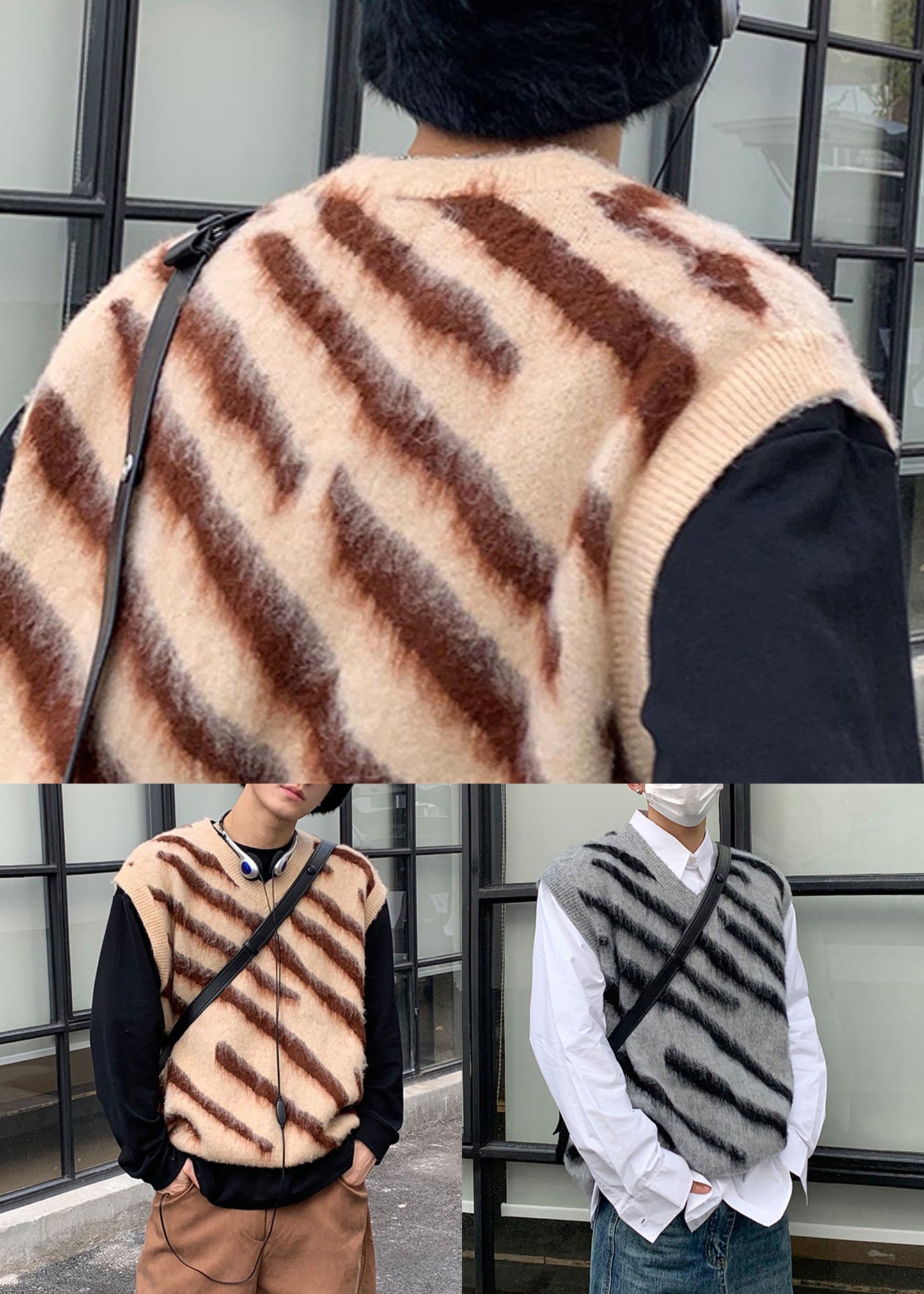 Art Grey V Neck Striped Knit Mens Vest Sleeveless