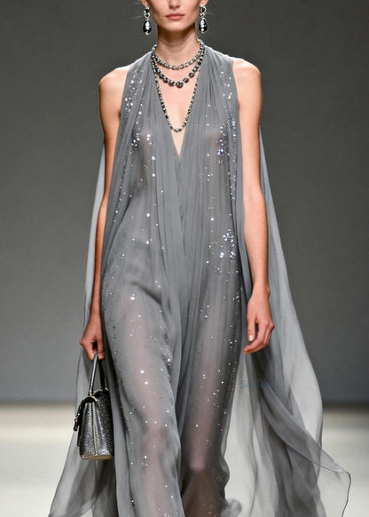 Art Grey V Neck Zircon Chiffon Long Dress Summer