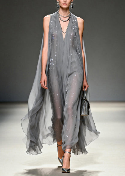 Art Grey V Neck Zircon Chiffon Long Dress Summer