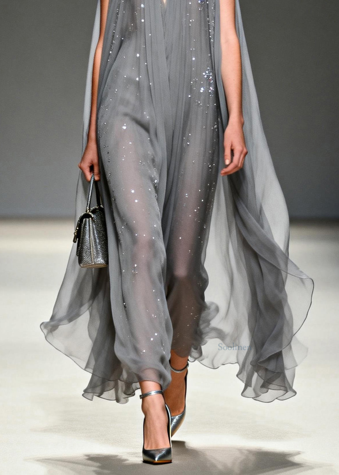 Art Grey V Neck Zircon Chiffon Long Dress Summer