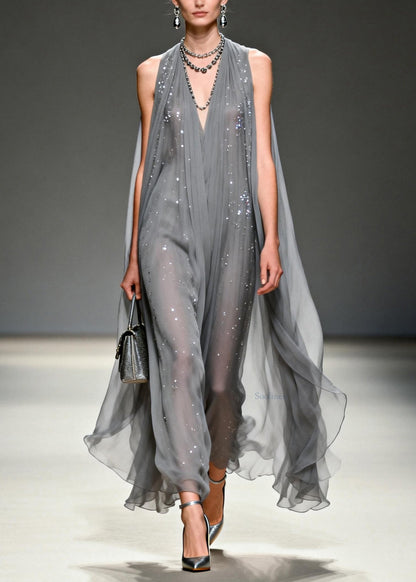 Art Grey V Neck Zircon Chiffon Long Dress Summer