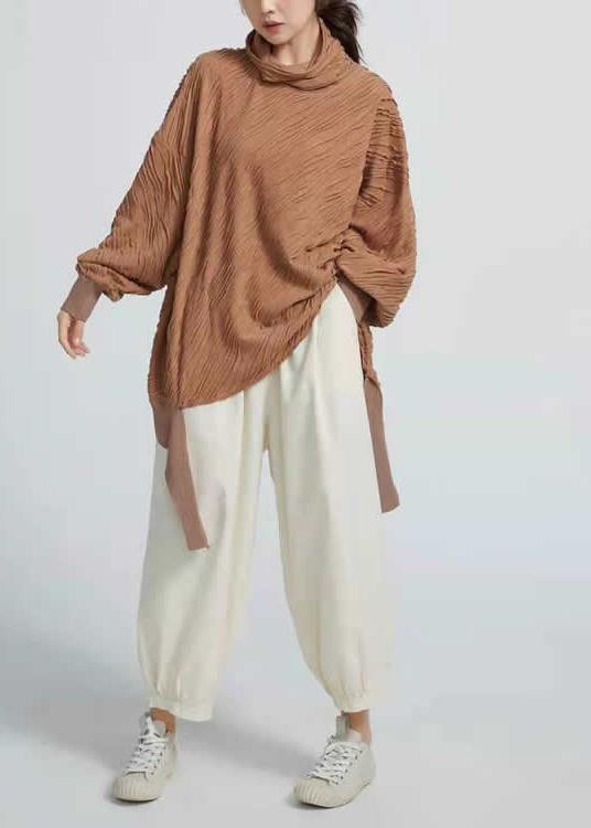 Art High Neck cotton spring Tunics for women Shape Pink Shirts - SooLinen