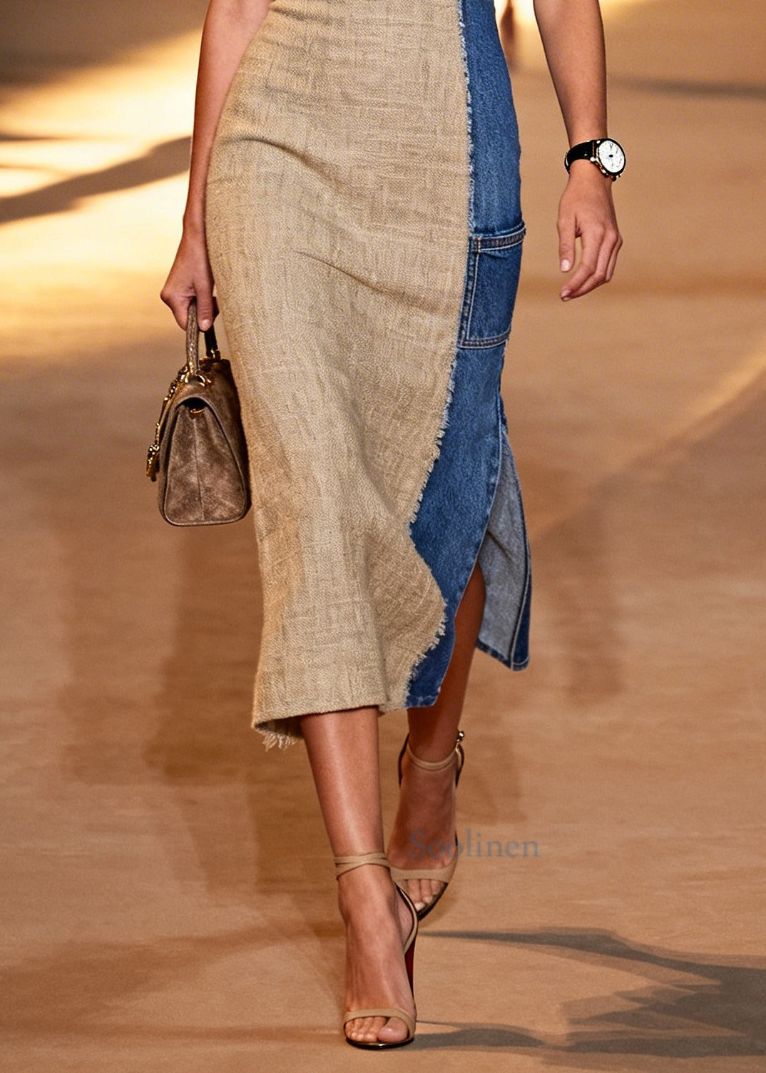 Art Khaki Asymmetrical Patchwork Side Open Linen Dress Summer