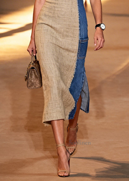Art Khaki Asymmetrical Patchwork Side Open Linen Dress Summer