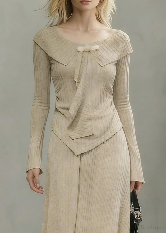 Art Khaki Asymmetrical Tops And Skirts Knit Two Pieces Set Spring