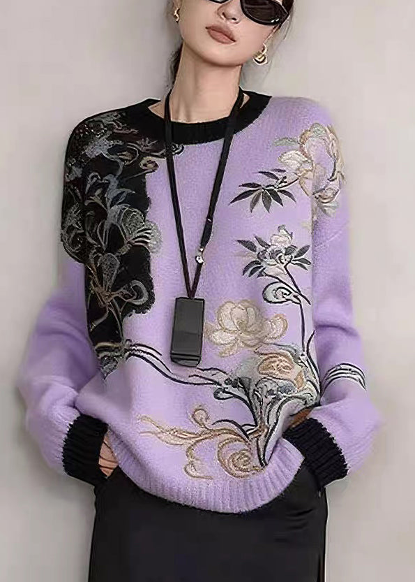 Khakifarbene, bestickte Patchwork-Strickpullover für den Winter