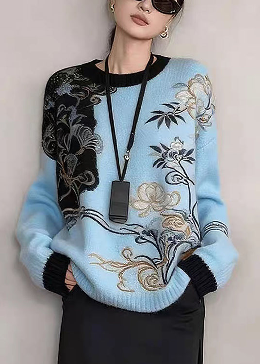 Khakifarbene, bestickte Patchwork-Strickpullover für den Winter