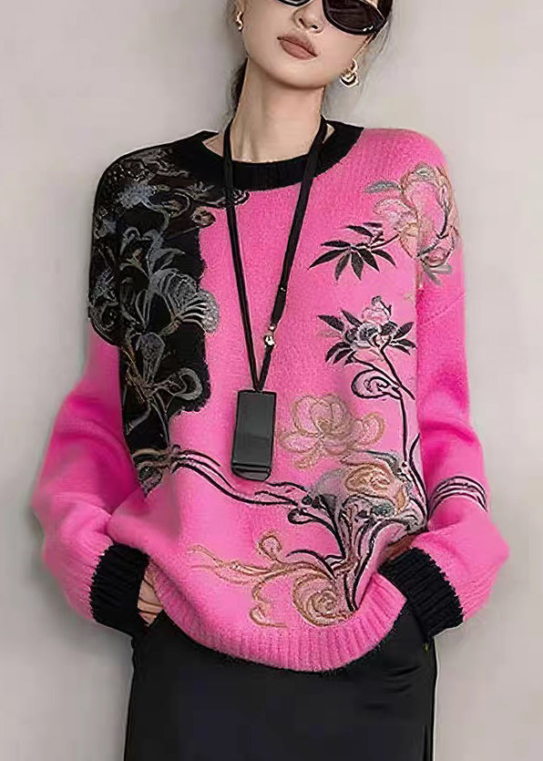 Khakifarbene, bestickte Patchwork-Strickpullover für den Winter