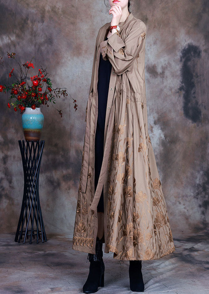 Art Khaki Bestickte Trenchcoats mit Kordelzug für den Frühling