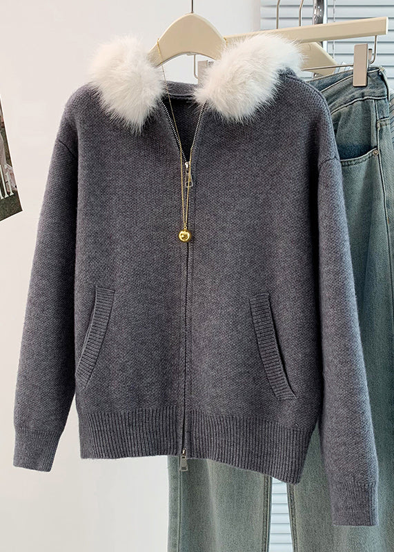 Khakifarbene Kapuzenpullover mit Pelzkragen, warm gestrickt, Winterbekleidung