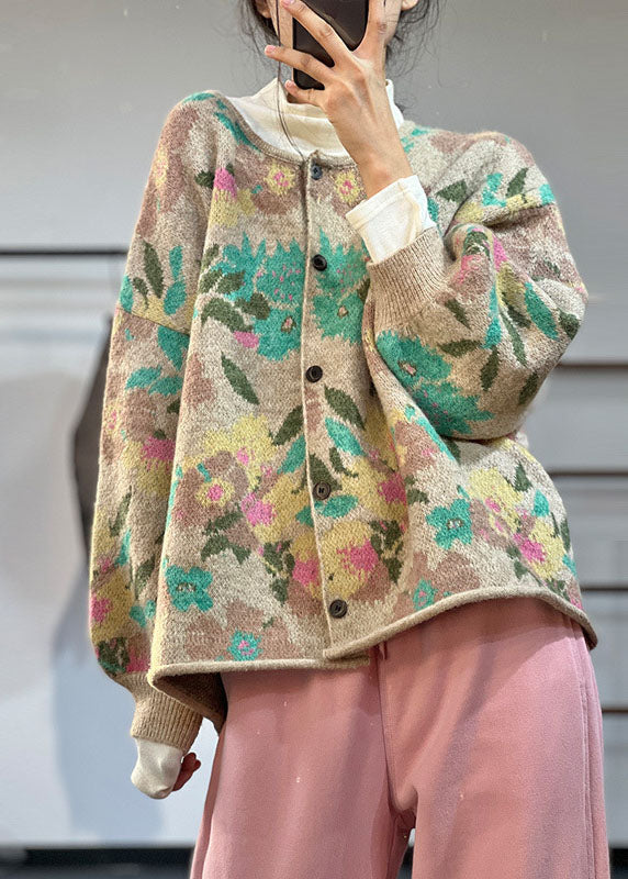 Art Khaki O-Ausschnitt Übergroßer Druck Strickmäntel Winter