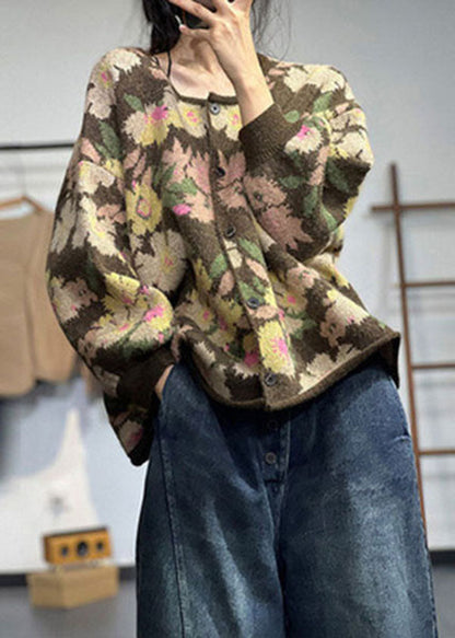 Art Khaki O-Ausschnitt Übergroßer Druck Strickmäntel Winter