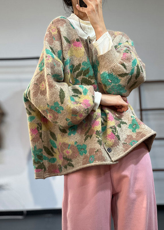 Art Khaki O-Ausschnitt Übergroßer Druck Strickmäntel Winter