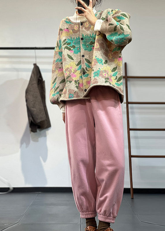 Art Khaki O-Ausschnitt Übergroßer Druck Strickmäntel Winter