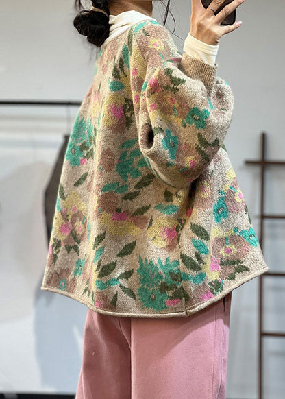 Art Khaki O-Ausschnitt Übergroßer Druck Strickmäntel Winter