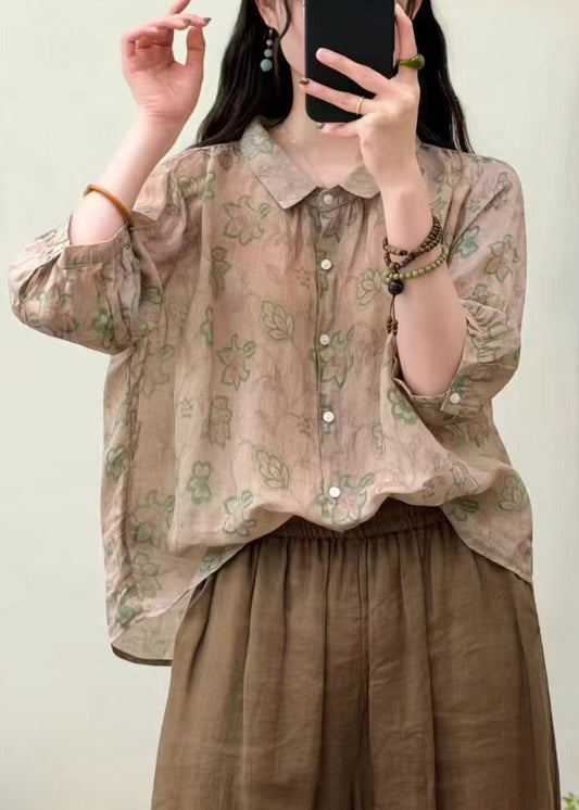 Art Khaki Oversized Print Linen Loose Shirts Summer