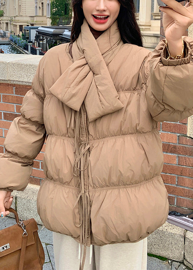 Art Khaki Oversized With Scarf Thick Duck Down Down Coat Winter